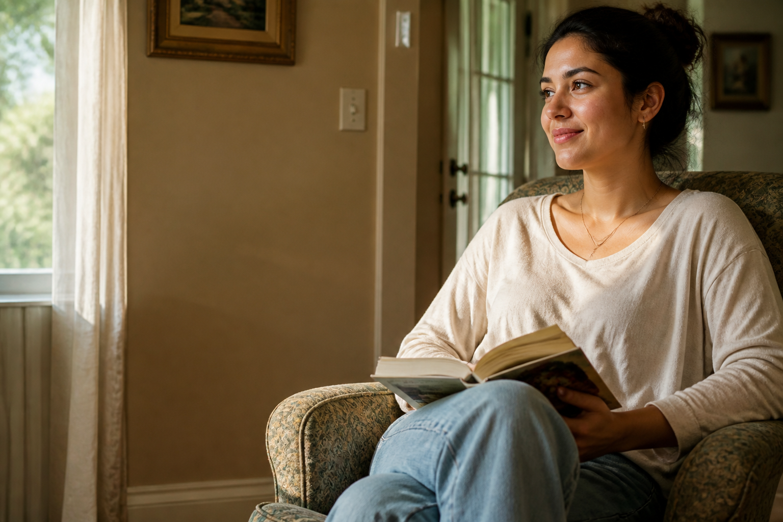 Pensive woman reading in calm daylight — not sad