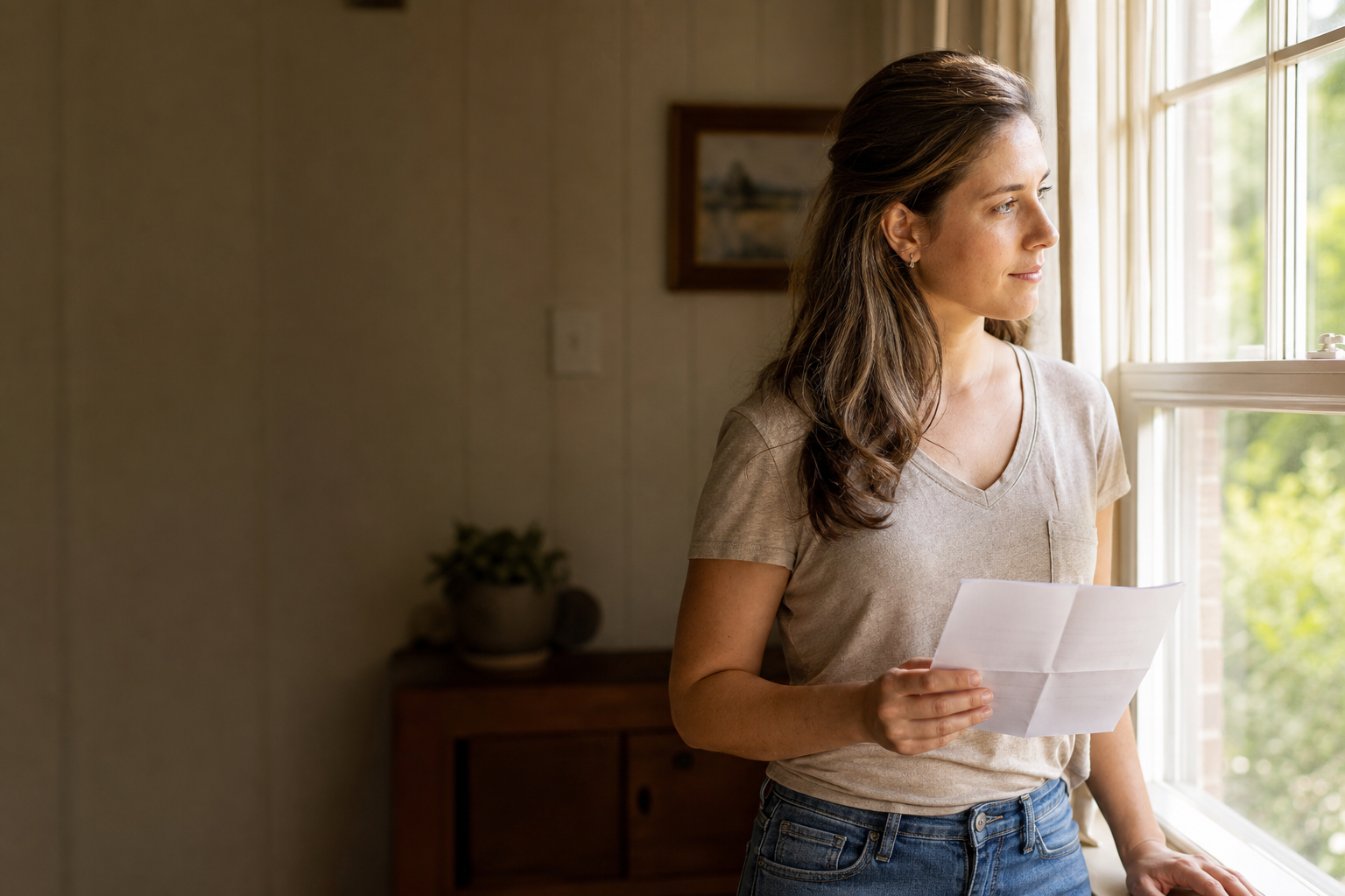 Pensive woman looking toward a window, composed — not sad