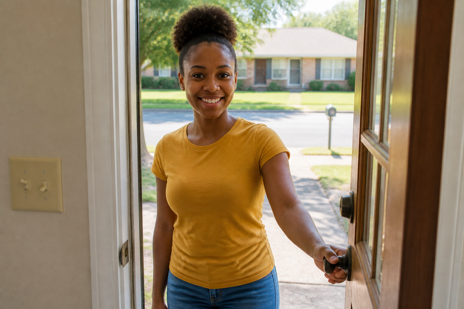 Happy woman opening a sunlit exterior door, slight smile, residential street behind her