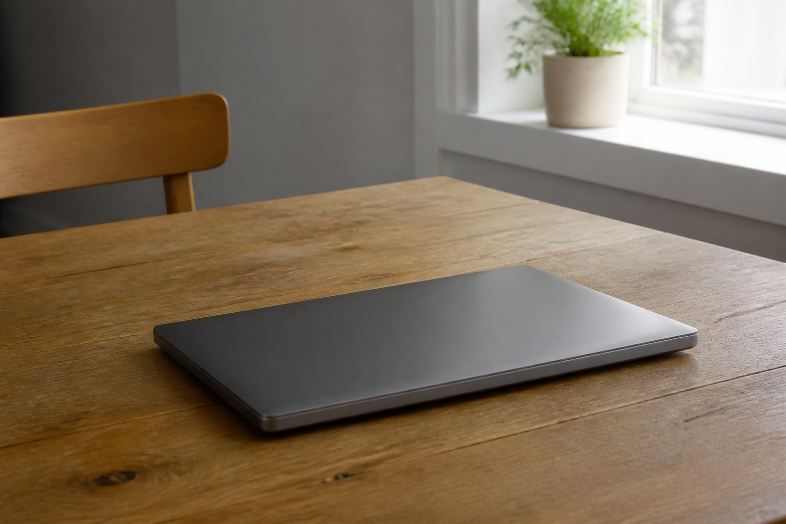 Closed laptop on a wood table in daylight, no people